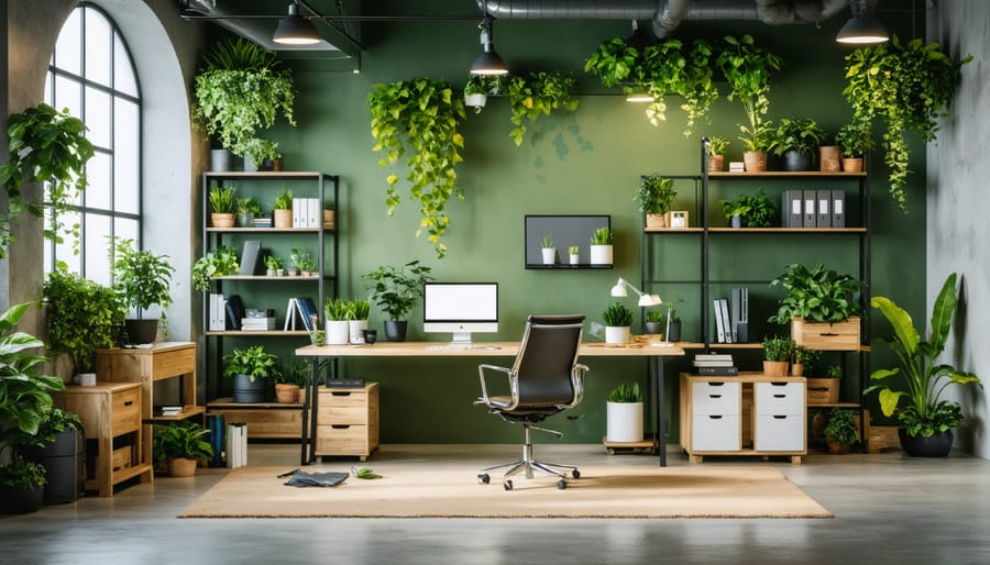 Modern office workspace furnished with sustainable bamboo desk, eco-friendly seating, and natural materials