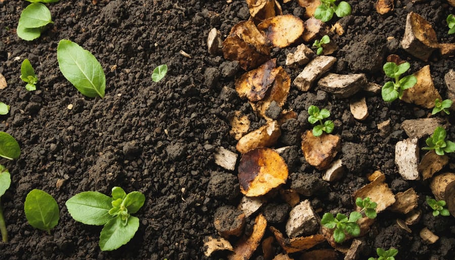 Assorted kitchen scraps and garden waste including vegetable peelings and dried leaves