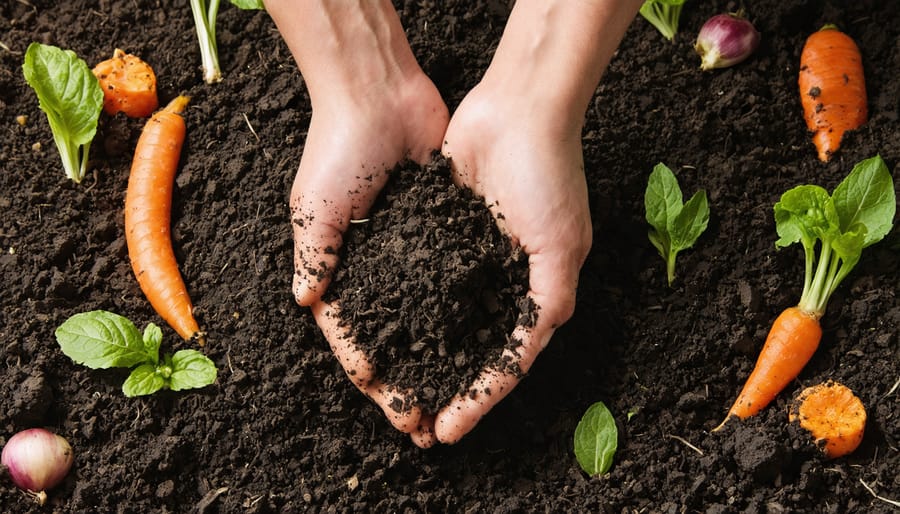 Close-up of dark compost soil with earthworms and organic matter held in hands