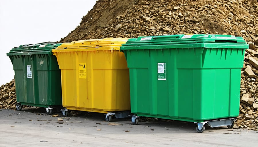 Construction workers sorting materials into multiple colored waste segregation bins on building site