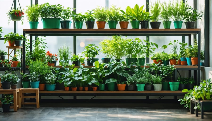 Collection of plastic pots, synthetic fertilizers, and grow lights showing conventional indoor gardening products
