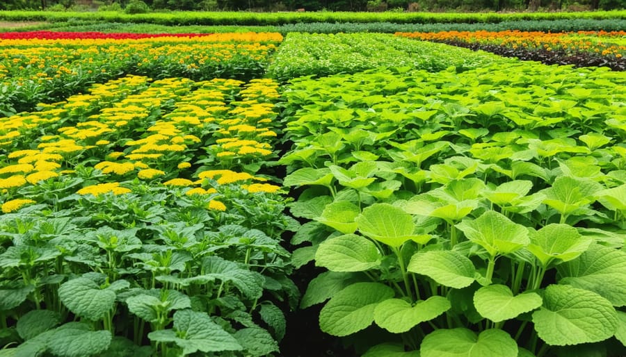 Diverse crops including vegetables and flowering plants growing together in mixed polyculture garden beds