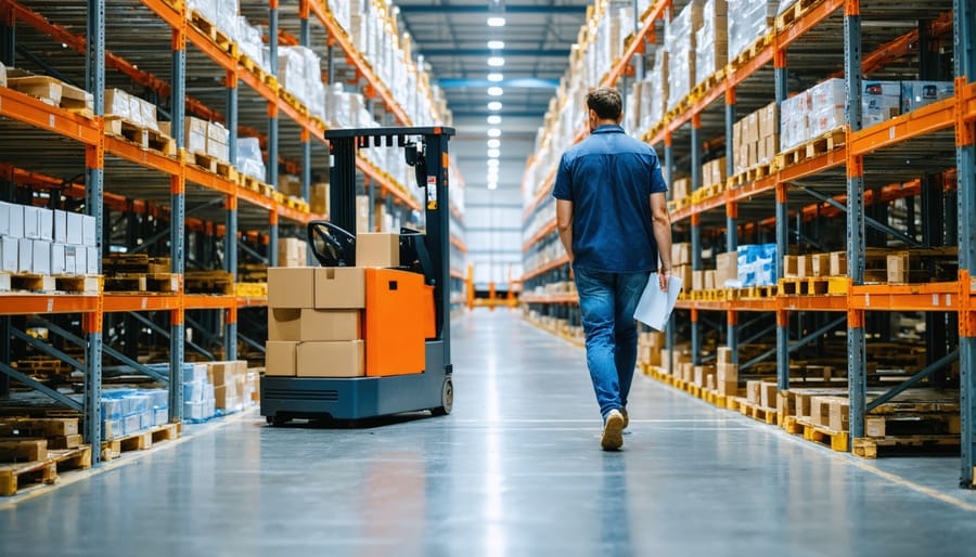 Warehouse worker scanning digital label on storage container with smartphone