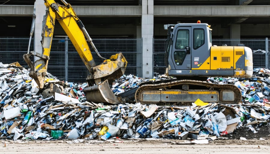Construction worker using digital tablet for waste management tracking on building site