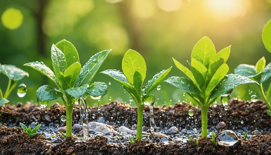 Drip irrigation emitter delivering water droplets to garden bed with mulch