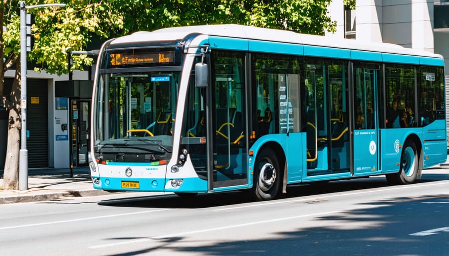 Modern white electric bus operating on city street in Australian urban environment