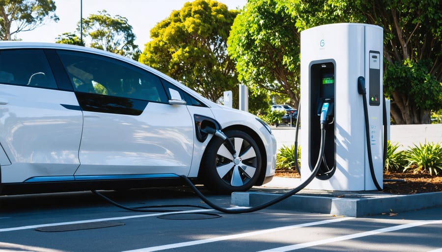 Electric vehicle connected to charging station in Australian urban environment