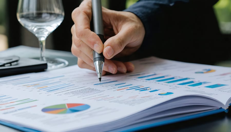 Business professionals reviewing service provider documents and credentials on office table
