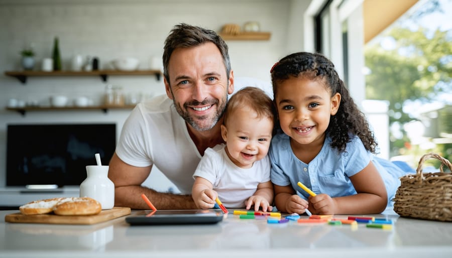 Family reviewing their smart home energy savings and usage data on tablet in modern kitchen