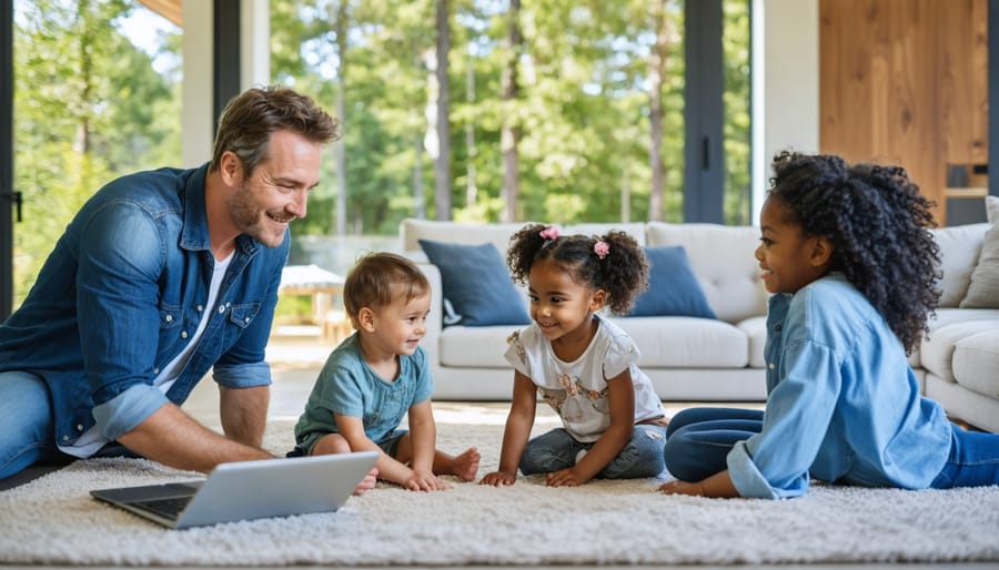Australian family in modern energy-efficient living room with large windows and natural light