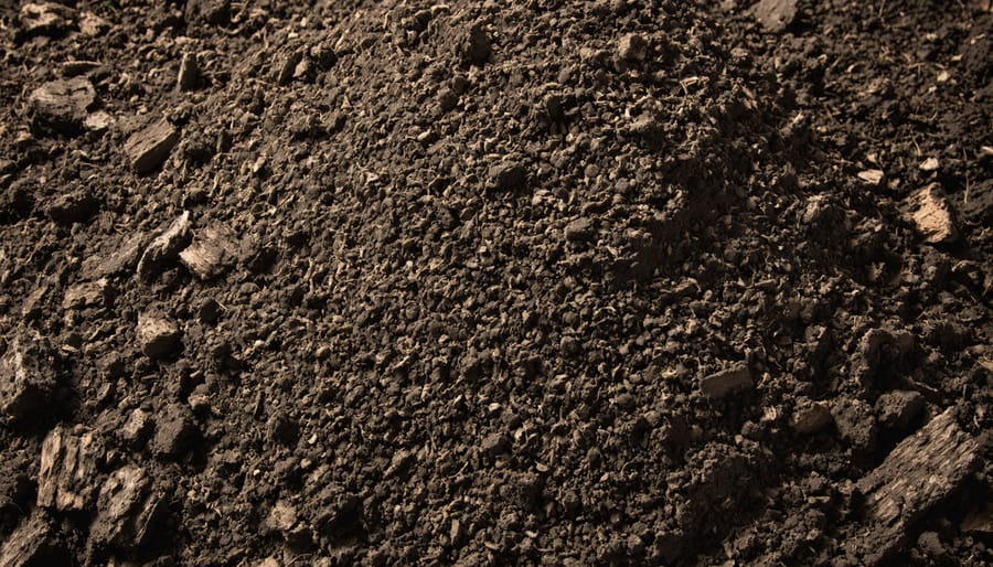 Hands holding dark brown finished compost with crumbly texture