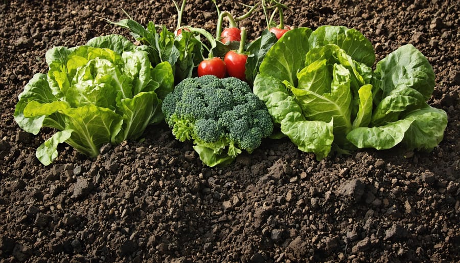 Healthy vegetable garden with leafy greens growing in dark composted soil