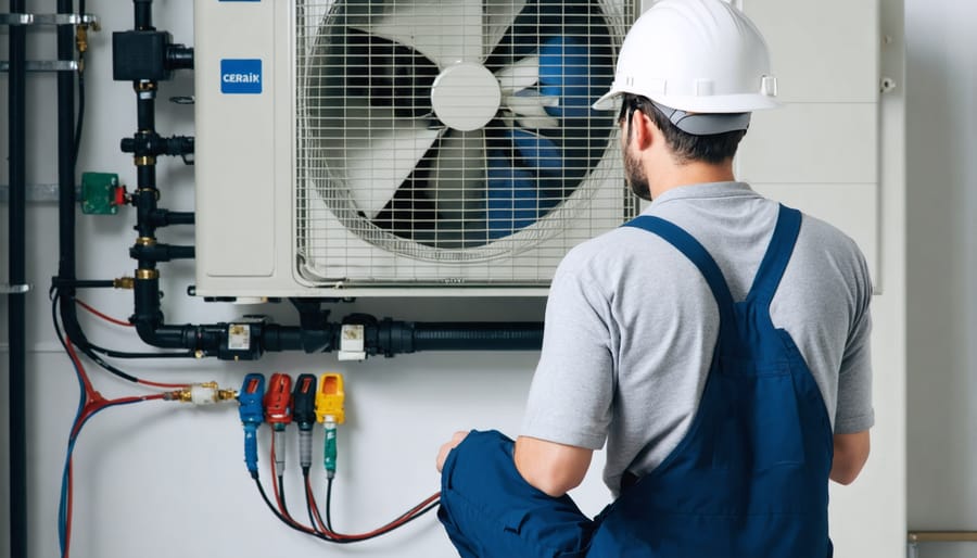 Certified installer mounting energy-efficient heat pump air conditioner on home exterior wall