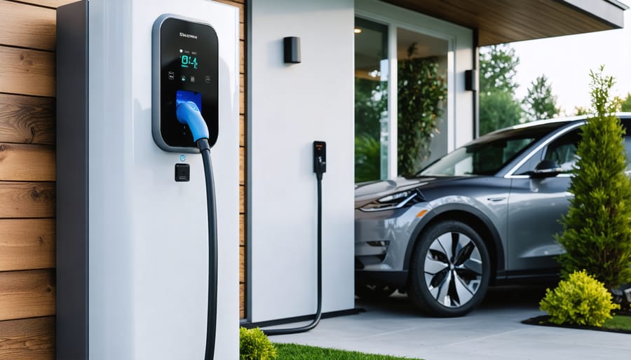 Electric vehicle charging at home wall-mounted charging station in residential garage