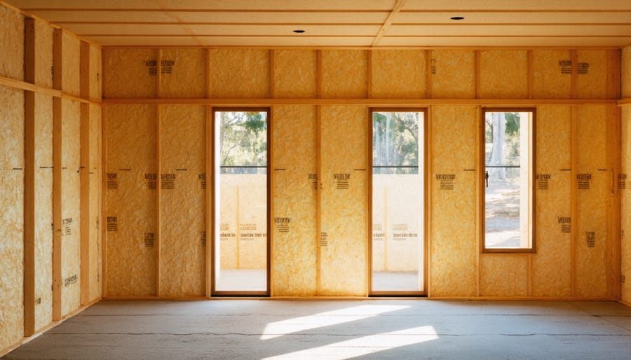 Installation of pink insulation batts in home roof cavity between wooden ceiling joists