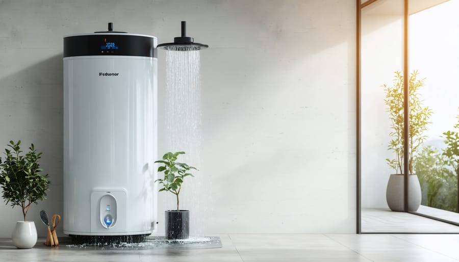 Electric hot water heater system in Australian home utility room