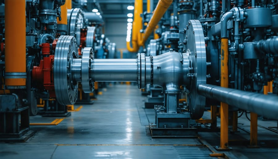 Idle industrial motor and pump equipment with active indicator lights in factory setting