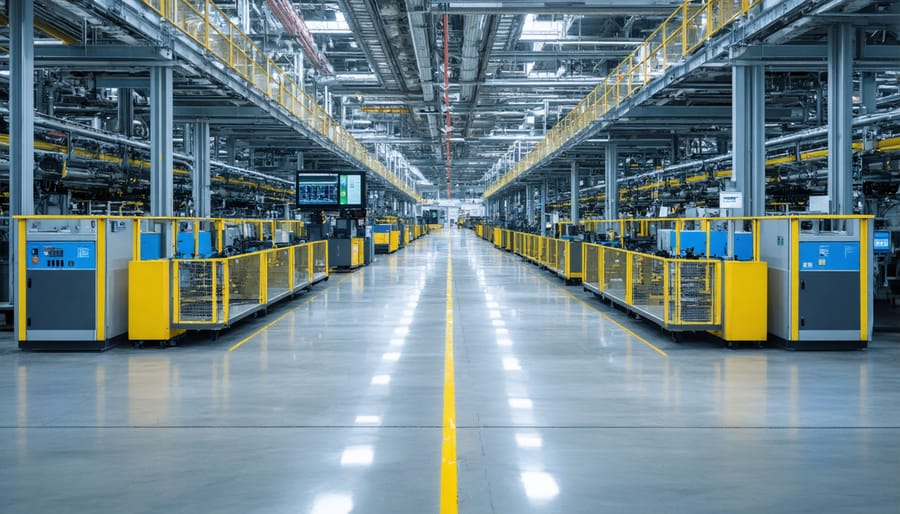 Forklift transporting materials through long factory corridor showing inefficient layout