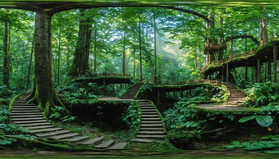 Layered jungle canopy structure showing multiple vegetation levels from forest floor to emergent trees