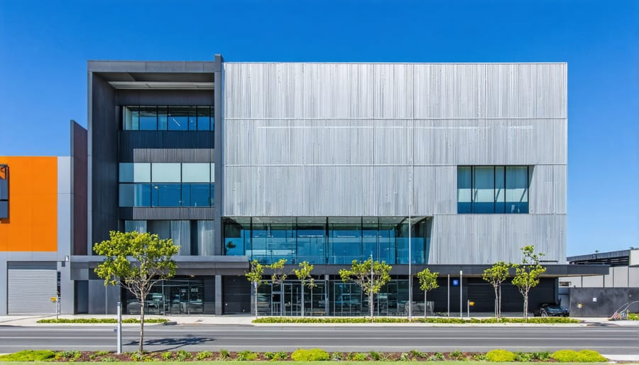 Modern sustainable commercial building in Australia with timber features and native landscaping