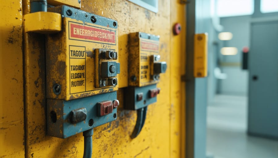Worker applying lockout tagout device to electrical disconnect switch