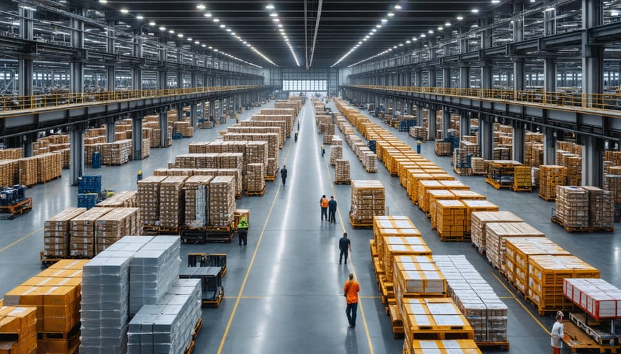 Factory warehouse floor cluttered with excess stacked boxes and pallets showing overproduction waste