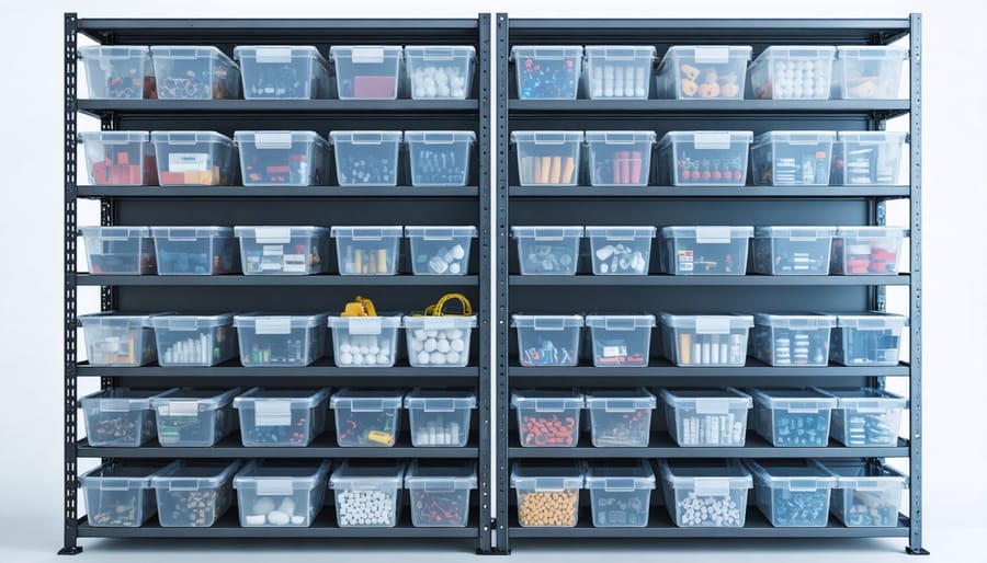 Organized modular storage bins containing small warehouse items on industrial shelving