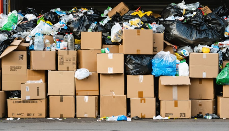 Cardboard boxes and packing materials in landfill waste showing environmental impact of moving