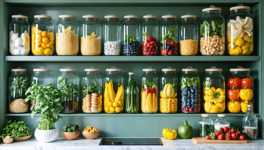 Overhead view of organized pantry with glass jars containing bulk grains, nuts, and spices