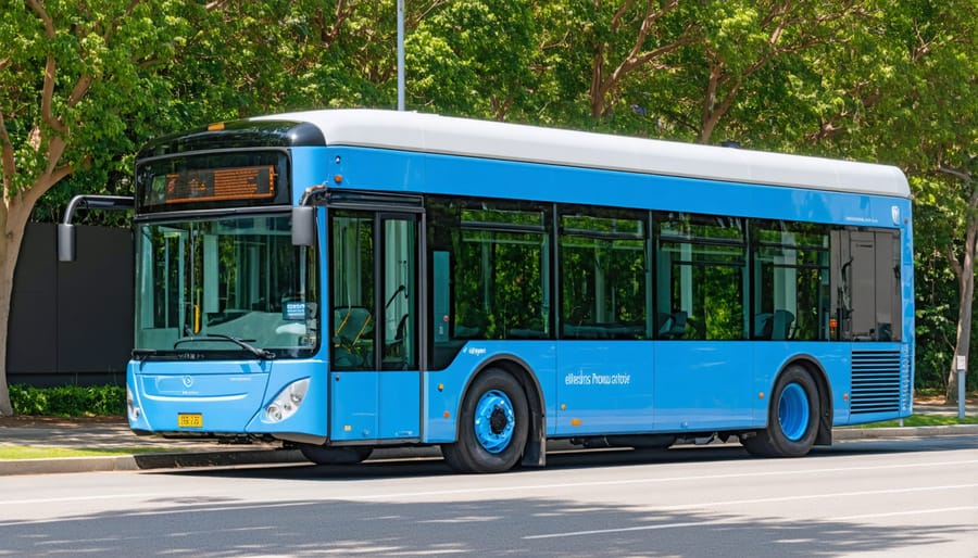 Diverse group of passengers boarding electric bus at city stop