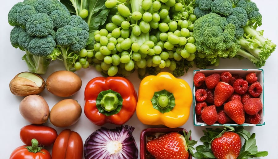 Overhead view of colorful fresh vegetables, legumes, and plant-based proteins arranged on wooden cutting board
