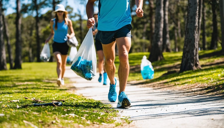 Person jogging along Australian beach while picking up litter with collection tool