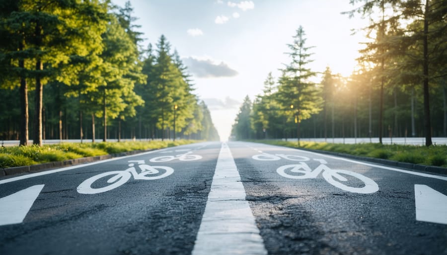 Protected bicycle lane separated from traffic by planters on urban street