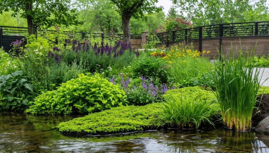 Rain garden with native plants designed to capture and filter stormwater runoff