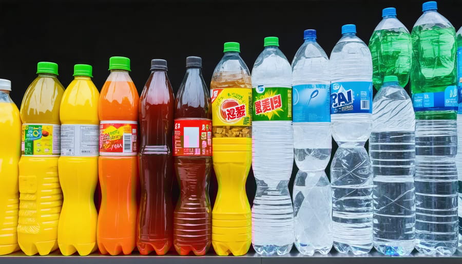 Overhead view of yellow recycling bin filled with sorted aluminium cans, glass bottles, cardboard, and plastic containers