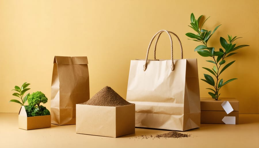 Shopper holding recycled paper product package in supermarket with recycled content label visible