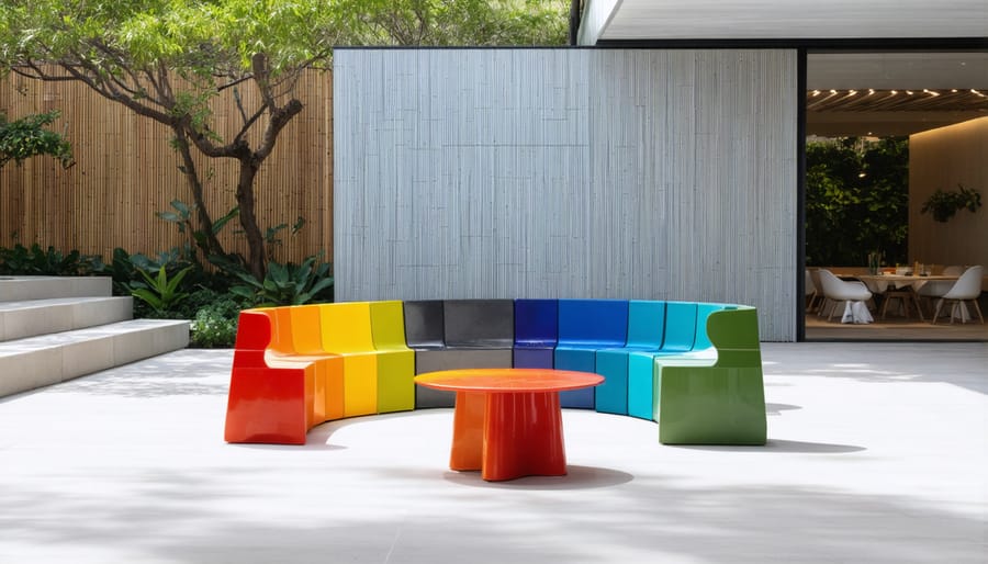Modern outdoor furniture made from recycled plastic material on residential deck