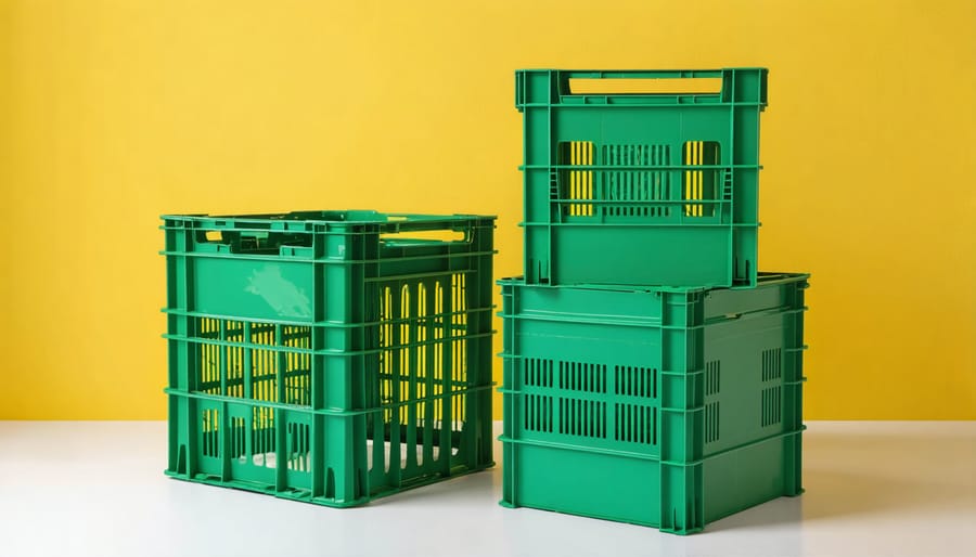Green reusable moving crates filled with household items arranged neatly from above