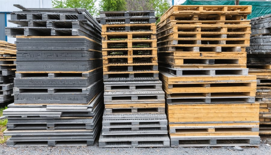 Organized stacks of reclaimed timber and salvaged construction materials in warehouse
