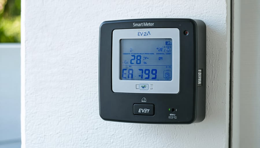 Licensed electrician installing smart electricity meter on residential home exterior wall