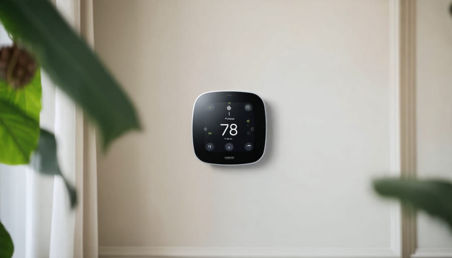 Hand adjusting smart thermostat while monitoring energy usage on smartphone app