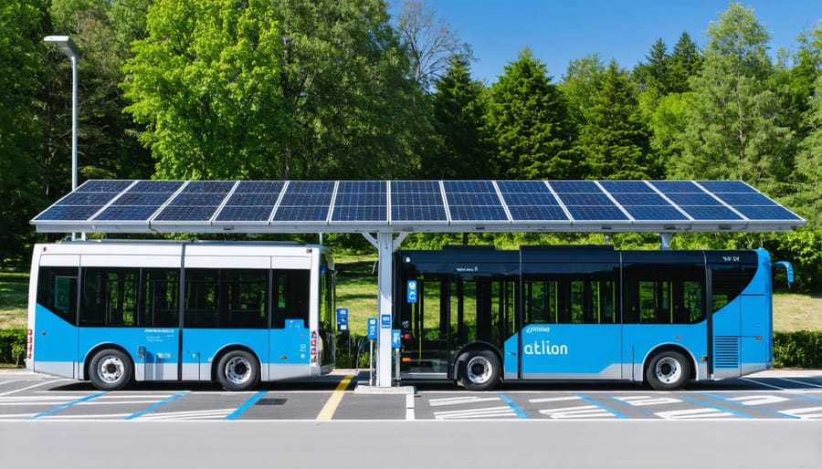 Solar panel canopy installation at electric bus charging station depot