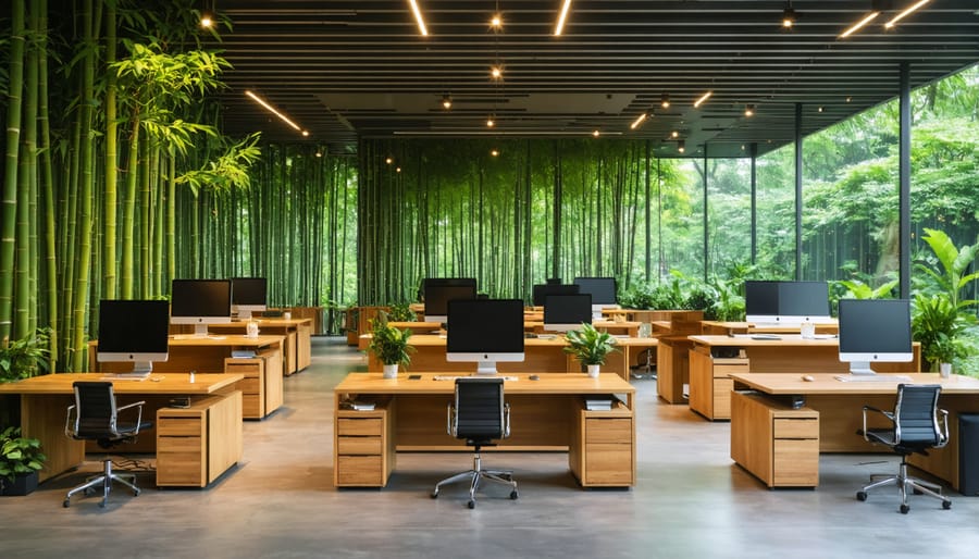 Close-up of bamboo and reclaimed timber desk showing natural grain and sustainable materials