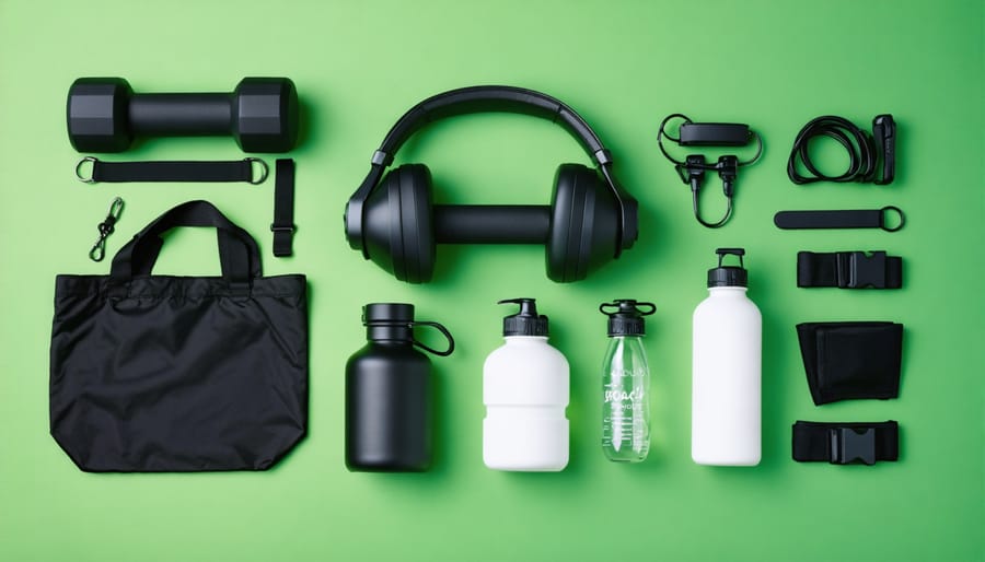 Overhead view of eco-friendly fitness equipment including bamboo mat, reusable bottle, and sustainable gear