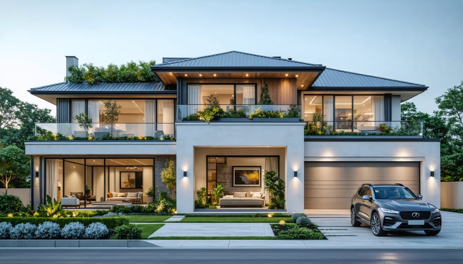 Person moving into sustainable Australian home with solar panels and native garden