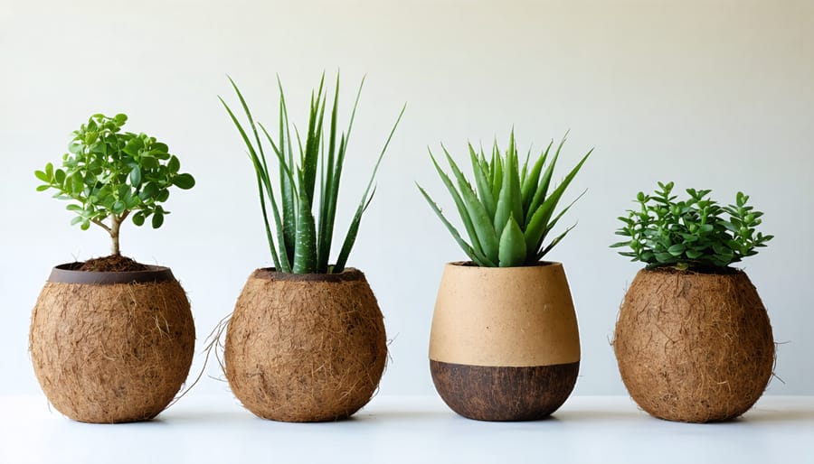 Hands holding biodegradable coconut coir pot with various sustainable container options on table