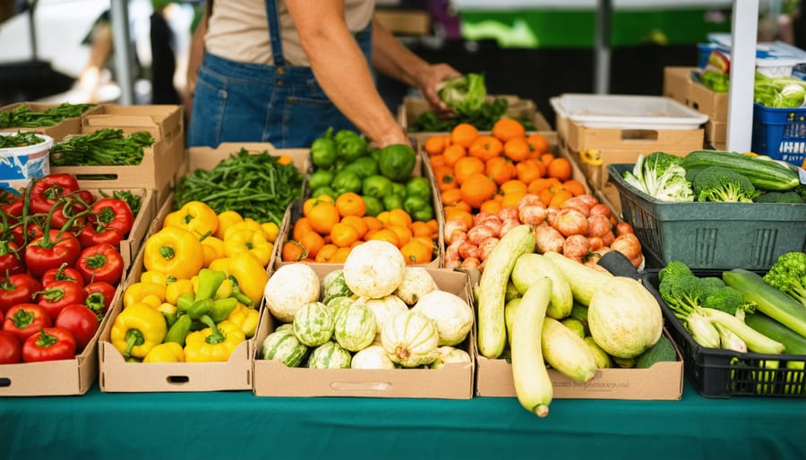 Person holding reusable shopping bags filled with fresh produce at farmers market