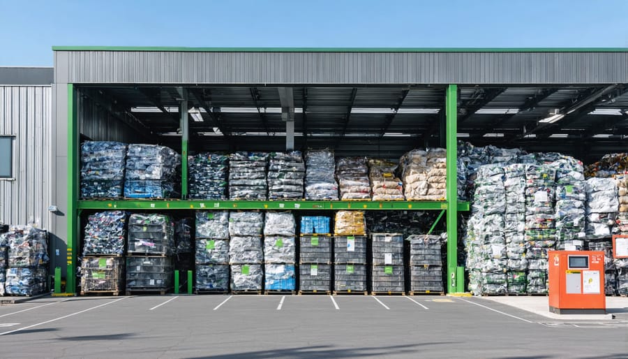 Worker managing recycling operations in modern industrial waste management facility