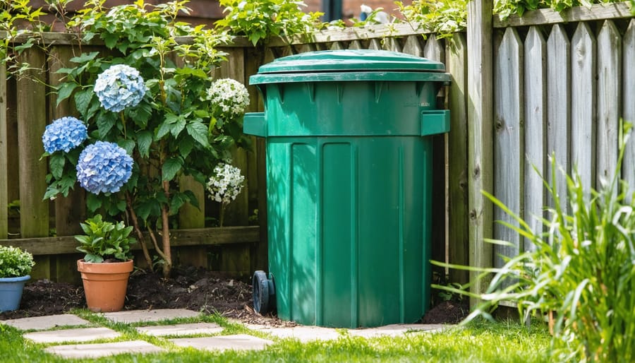 Black compost bin in Australian backyard garden setting
