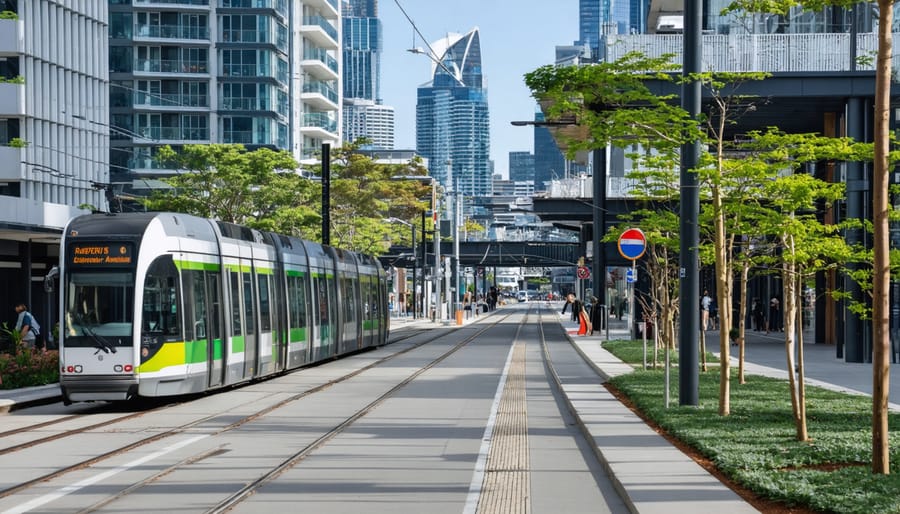 Pedestrians and cyclists in modern mixed-use development near transit station in Sydney